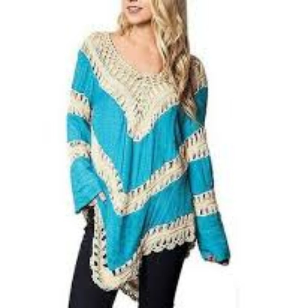 Umgee Boho Tunic top with crochet chevron accents light green szM